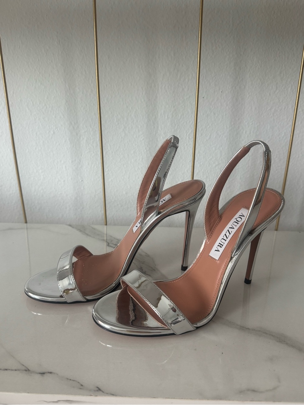 Aquazzura Silver Metallic Open-Toe Slingback Stiletto Sandals